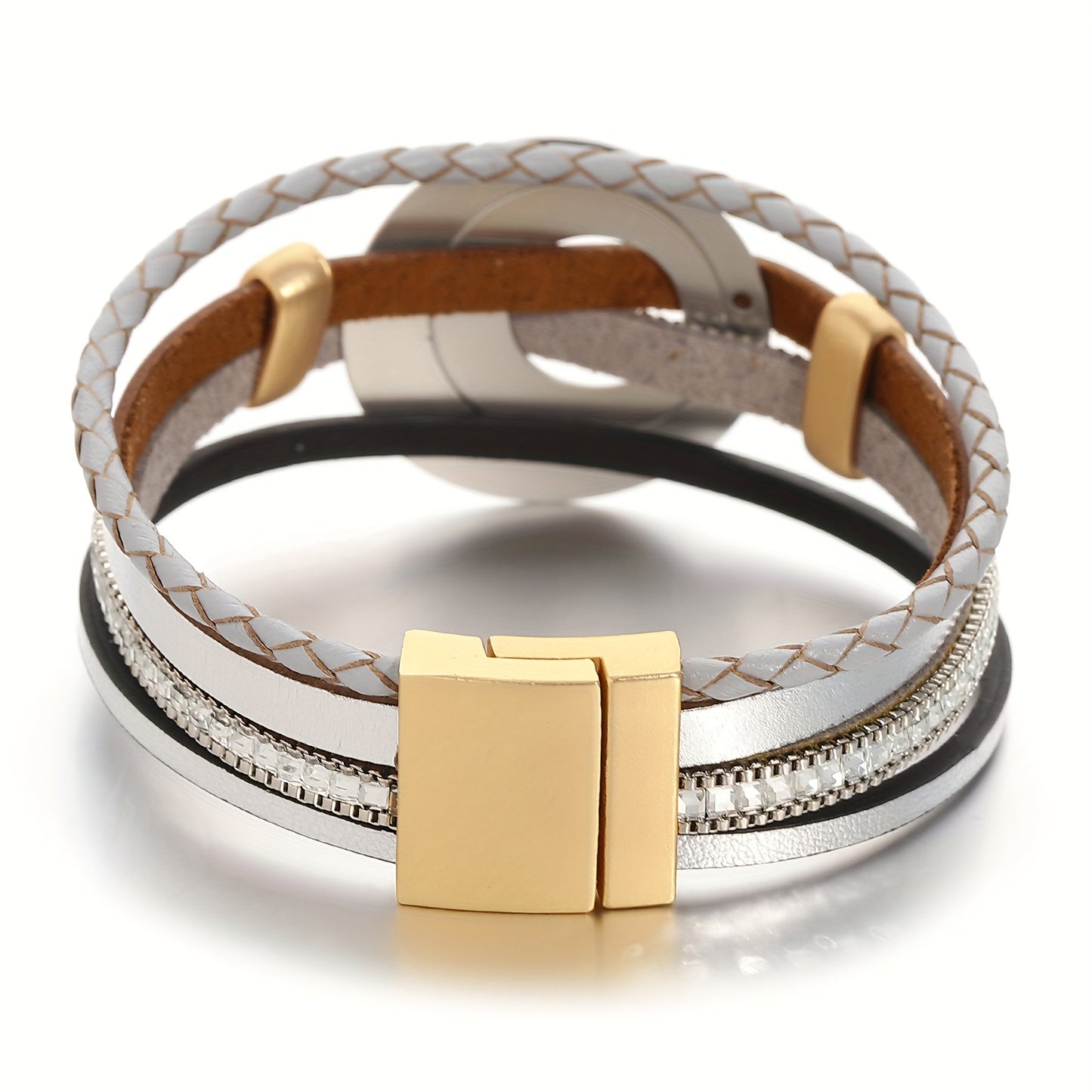 4-teiliges Damen Kunstleder Armband mit Kristallperlen & Goldfarbenem Rundanhänger - 19,2cm lang - in drei tollen Farbrichtungen