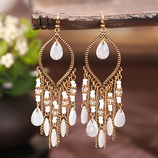 Tropfenförmige Damen Boho Vintage Ohrringe mit Kristallperlen – 9,6cm lang - Eleganz für Alltag & Urlaub