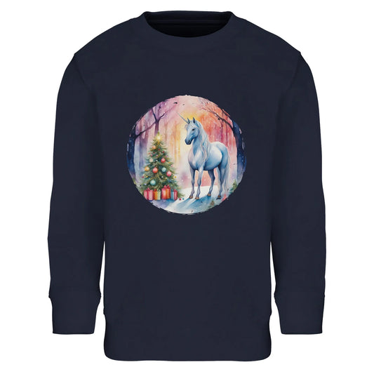 Kinder Sweatshirt mit Christbaum und Einhorn im Wald - hübscher Mädchen Print für Weihnachten und Winter - 4 bis 14 Jahre – in vielen Farben und Größen - French Navy