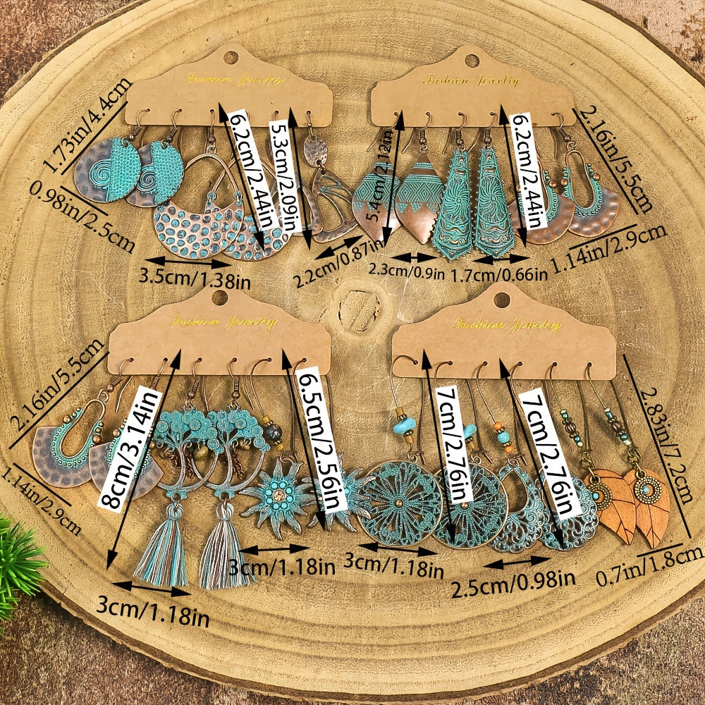 12 Paar Damen Ohrschmuck mit Tribal-Designs in Antikbronze, Vintage Hängeohrring-Set mit geometrischen Formen - Zinklegierung