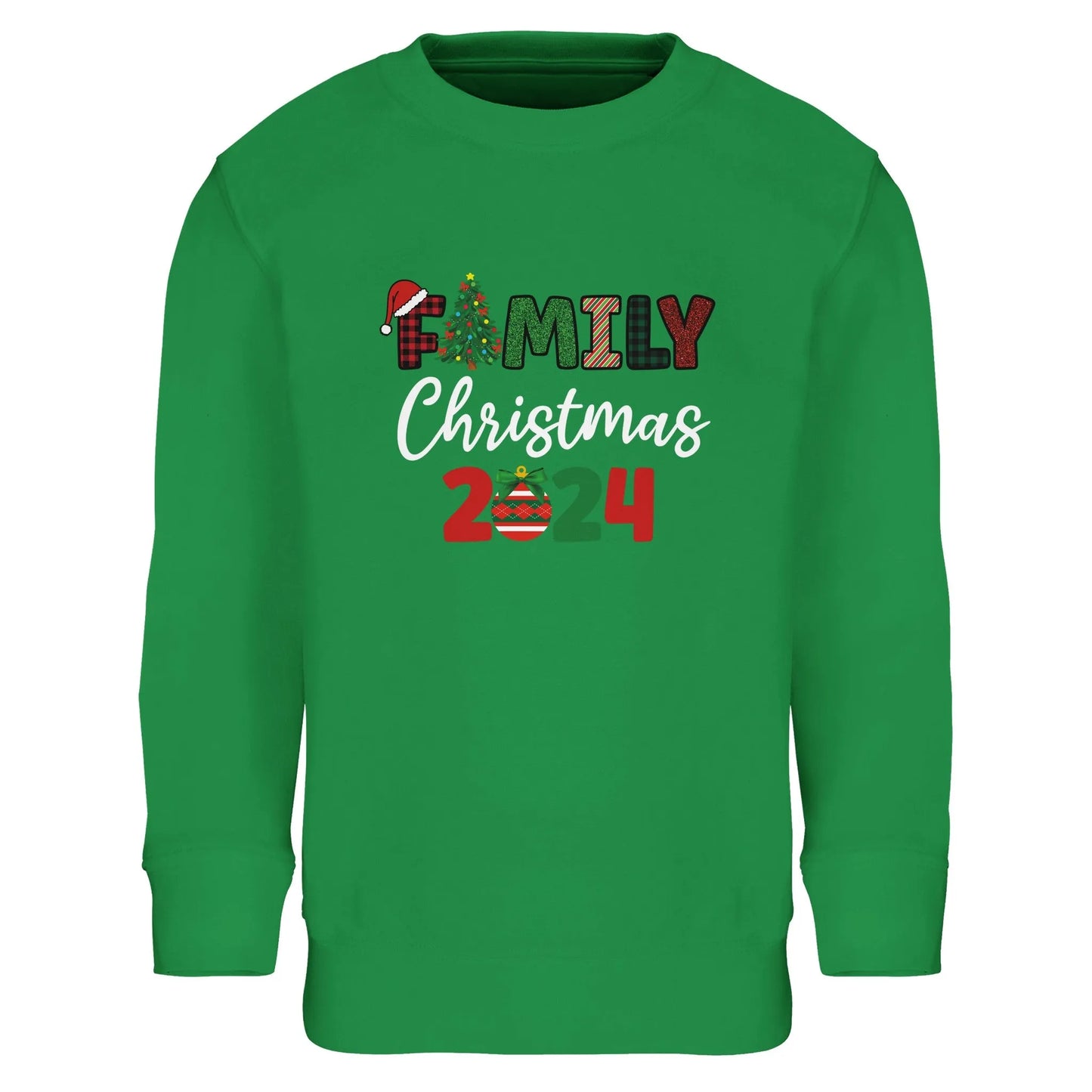 Unisex Kinder Sweatshirt mit Christbaum und Weihnachtskugel - Familiy Christmas 2024 - hübscher Print für Weihnachten und Winter - 4 bis 14 Jahre – in vielen Farben und Größen - Kelly Green