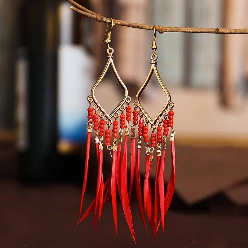 Schlanke Damen Boho Feder-Ohrringe mit Traumfänger Design – 12cm lang, künstliche Federn & Fransen