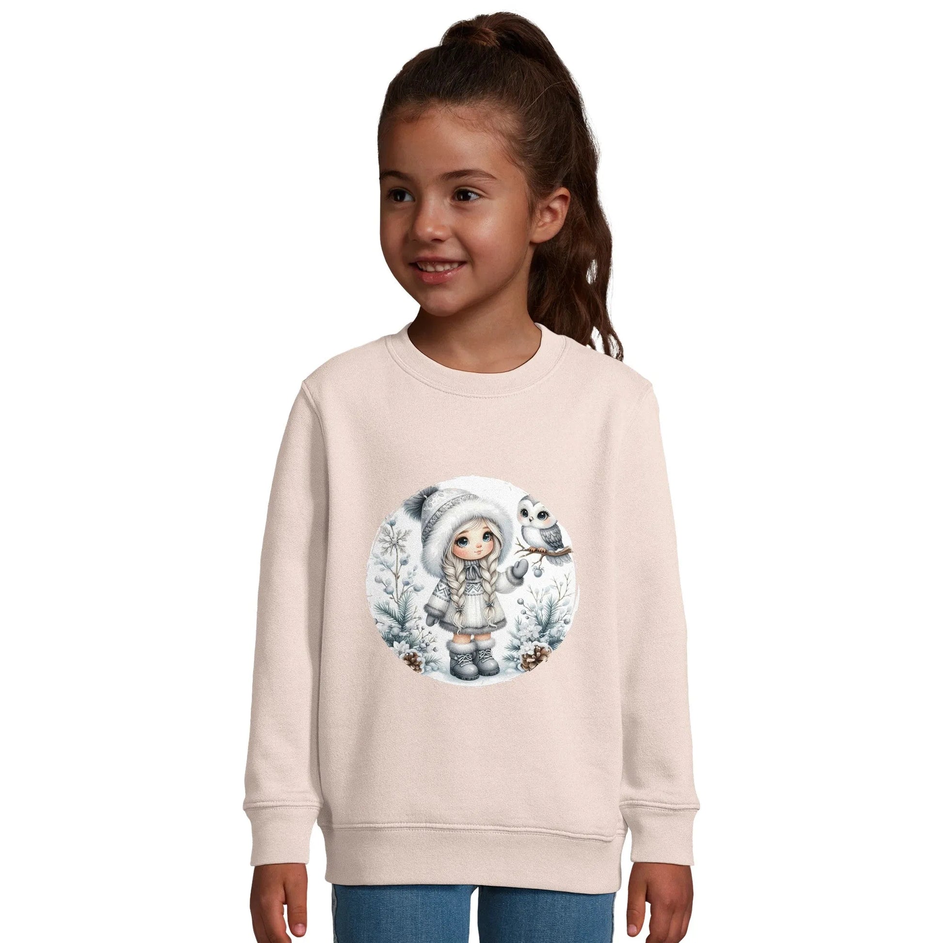 Kinder Sweatshirt mit Mädchen und Eule im Schnee - hübscher Print für Weihnachten und Winter - 4 bis 14 Jahre – in vielen Farben und Größen - gebürstet -