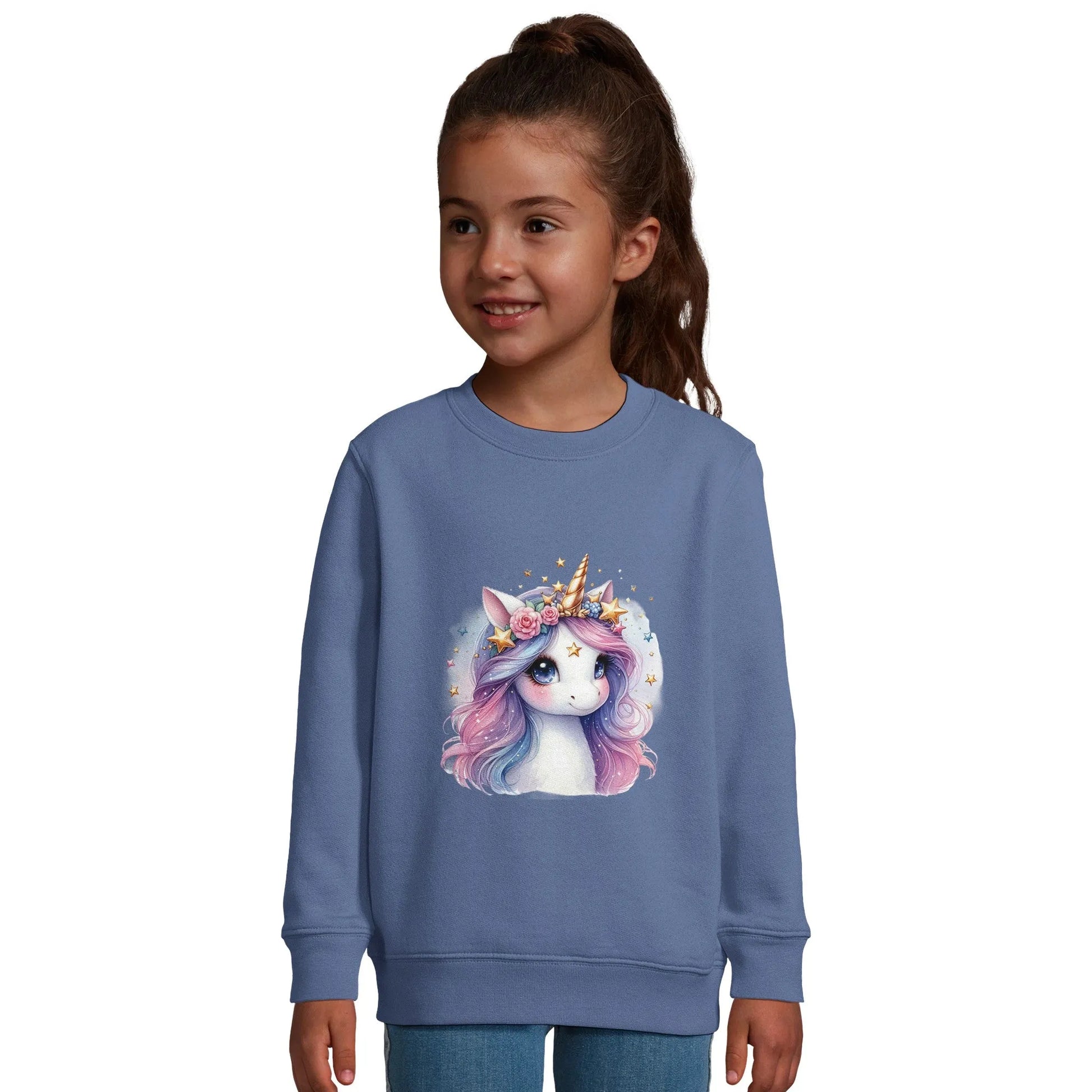 Kinder Sweatshirt mit pastell Einhorn Mädchen mit Sterne - Unicorn Aufdruck für Weihnachten und Winter - 4 bis 14 Jahre – in vielen Farben und Größen -
