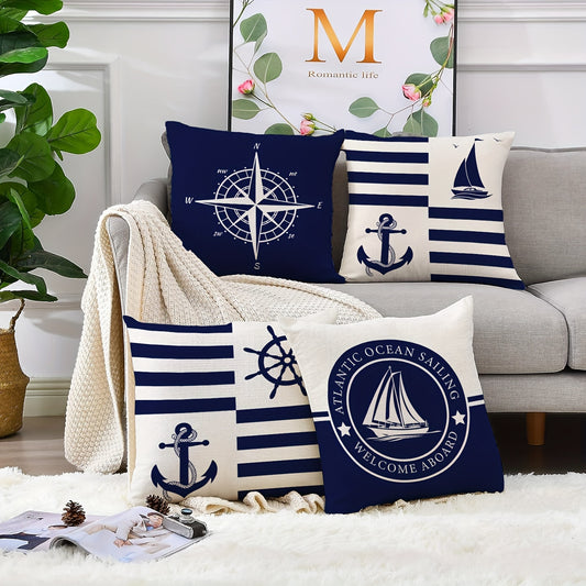 4er-Set nautische Kissenbezüge für maritime Sommerdeko in Blau, Weiß & Rot für Zuhause oder Boot - 45x45 cm - 100 % Polyester