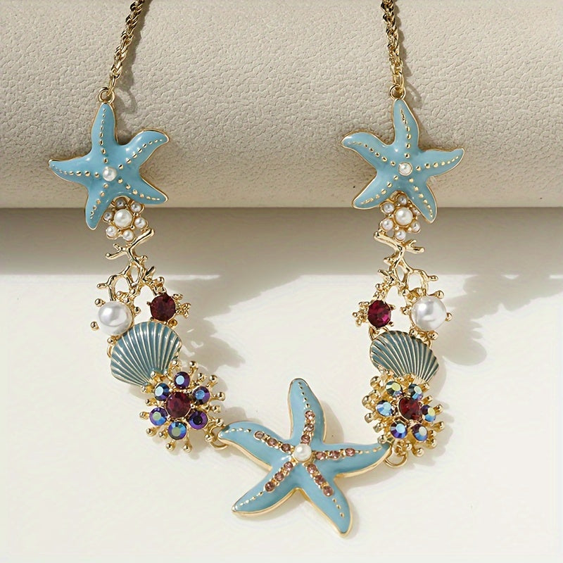 Maritime Damen Halskette mit Seestern, Muschel und Strasssteine auf goldfarbener Kette - 2 wunderschöne Designs