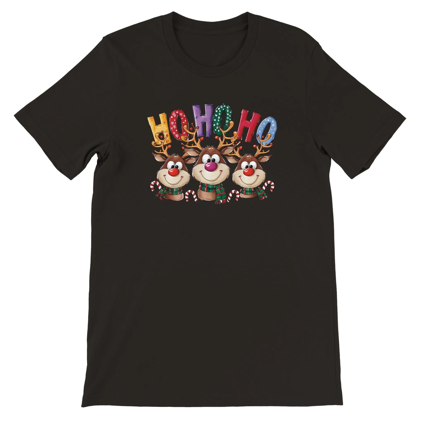 Unisex Kurzarm T-Shirt mit Ho Ho Ho Elche Spruch - Print für Weihnachten und Winter - leicht tailliert – viele Farben und große Größen für Damen - Schwarz