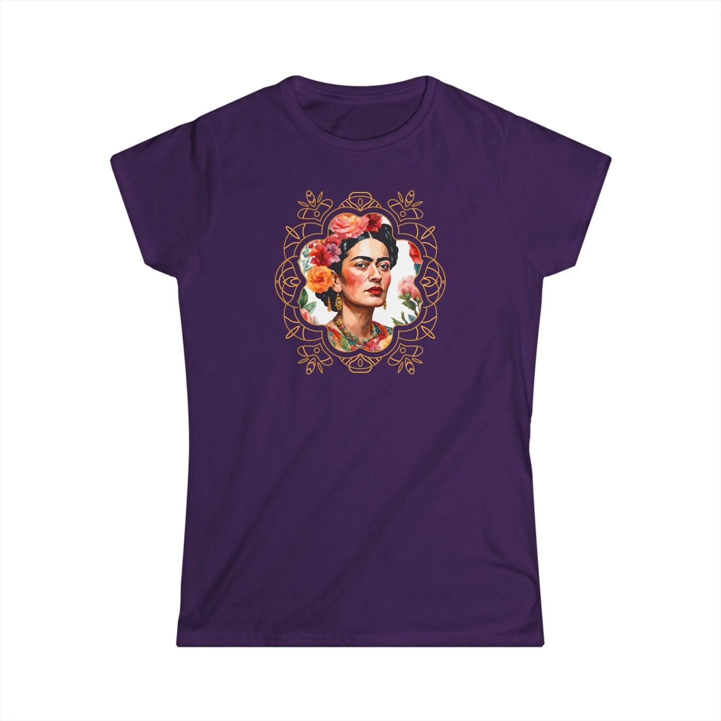 Tailliertes Damen Kurzarm T-Shirt mit Aufdruck – Frida Kahlo Print im abstrakten Rahmen - 100% Baumwolle - 153 g/m² - auch in großen Größen - viele Farben - Purple
