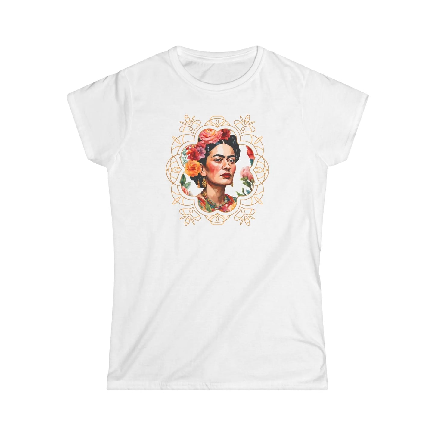 Tailliertes Damen Kurzarm T-Shirt mit Aufdruck – Frida Kahlo Print im abstrakten Rahmen - 100% Baumwolle - 153 g/m² - auch in großen Größen - viele Farben - White