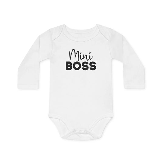 Langarm Baby und Kinder Bio Body mit Spruch "Mini Boss" - Unisex Bodysuit mit Aufdruck für Neugeborene und Kleinkinder - 100% Bio Baumwolle, 200 g/m², bis 18 Monate bzw. 86cm - mehrere Farben und Größen - White