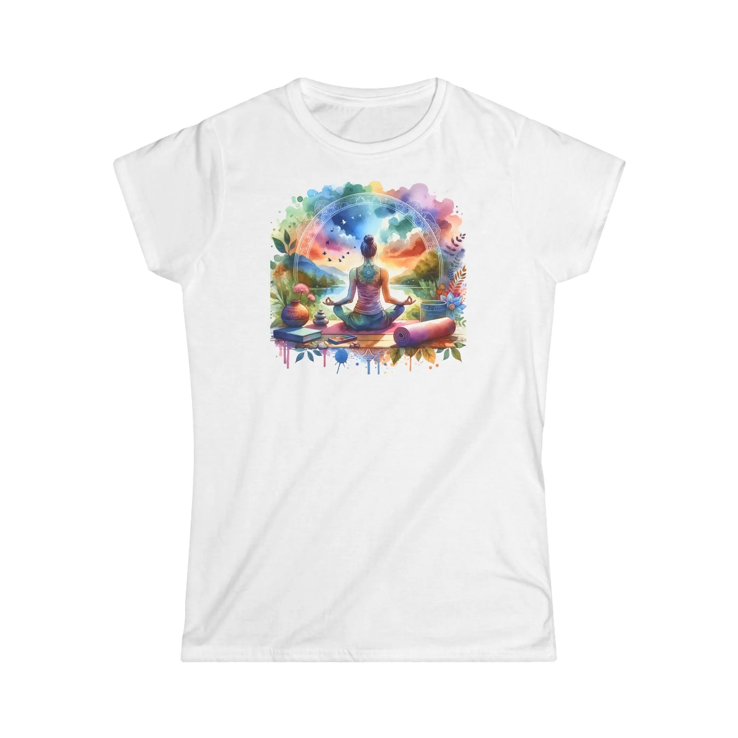 Tailliertes Damen Kurzarm T-Shirt mit Aufdruck – Frauen Shirt mit Yoga Mandala Motiv - 100% Baumwolle - 153 g/m² - auch in großen Größen – in vielen Farben - White