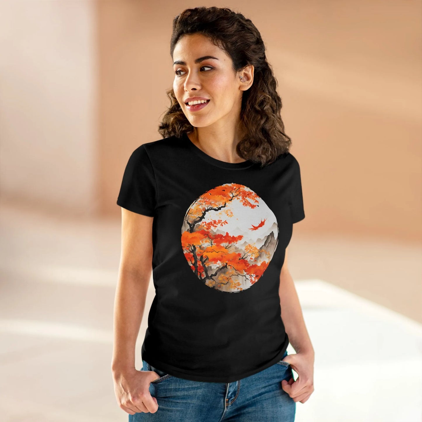 Damen Rundhals Shirt mit modernem Print - Abstrakte Landschaft mit Wälder und Berge in Japan - tailliertes Kurzarm T-Shirt für Frauen - auch in großen Größen - 100% Baumwolle - 180 g/m² -