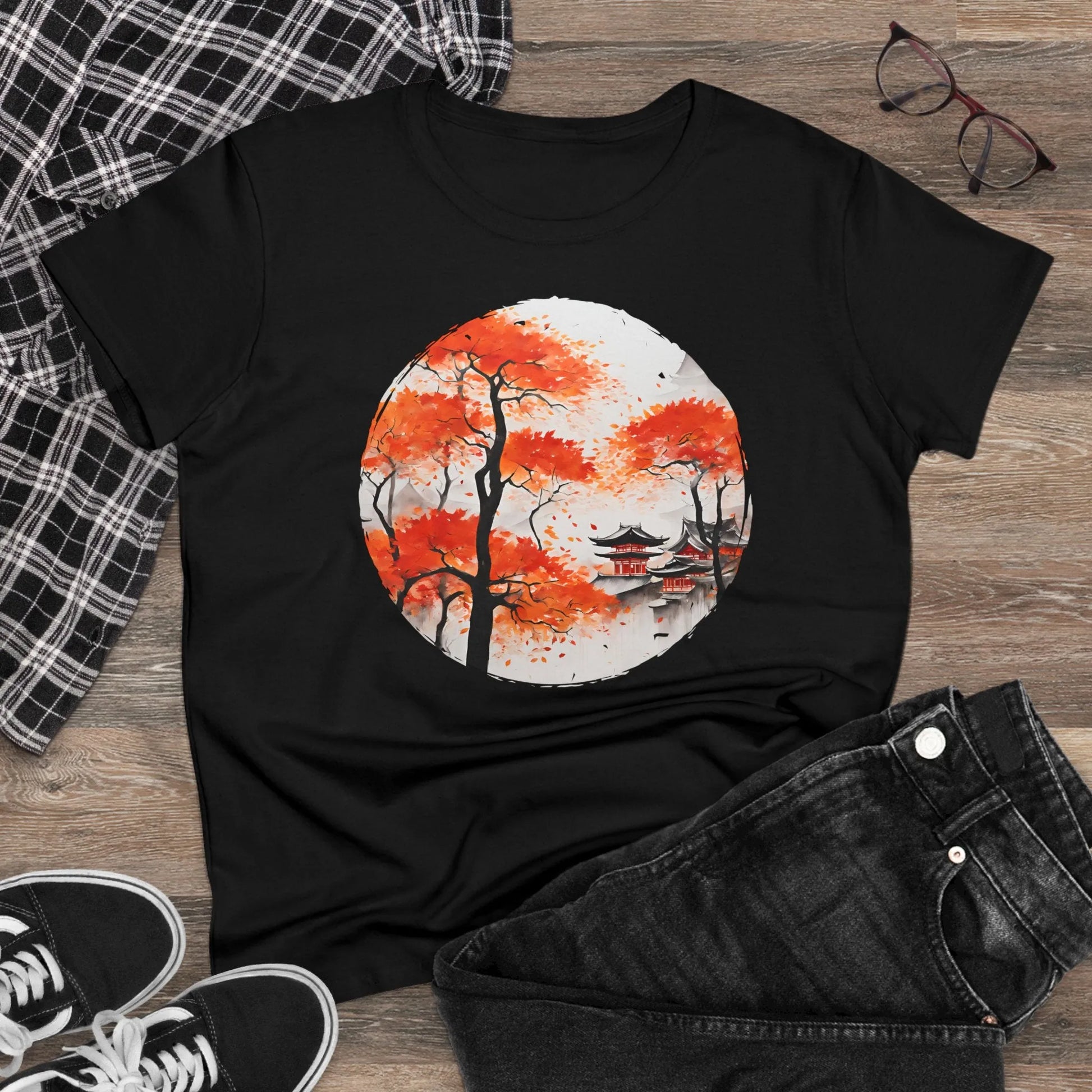 Damen Rundhals Shirt mit modernem Print - Abstrakte Landschaft in Japan - tailliertes Kurzarm T-Shirt für Frauen - auch in großen Größen - 100% Baumwolle - 180 g/m² -