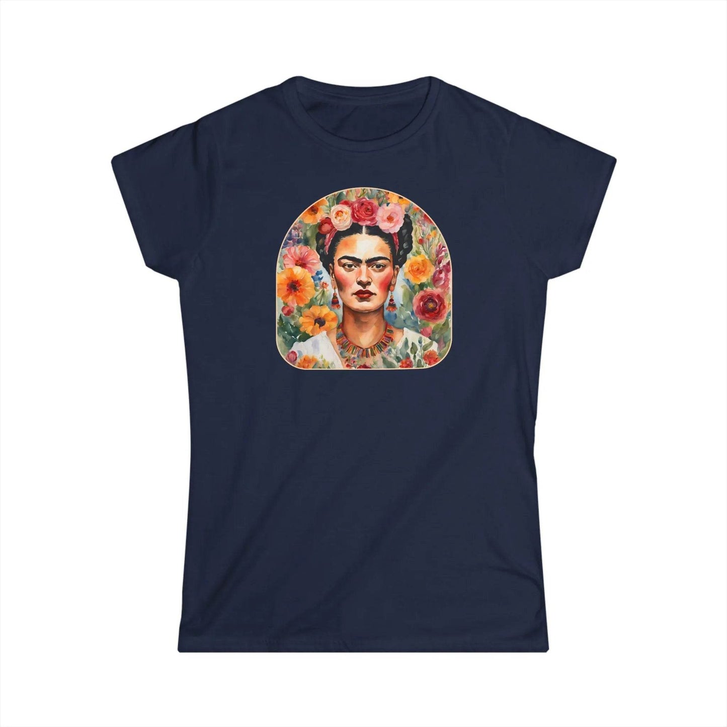 Tailliertes Damen Kurzarm T-Shirt mit Aufdruck – bunter Frida Kahlo Blumen Print - 100% Baumwolle - 153 g/m² - auch in großen Größen - viele Farben - Navy