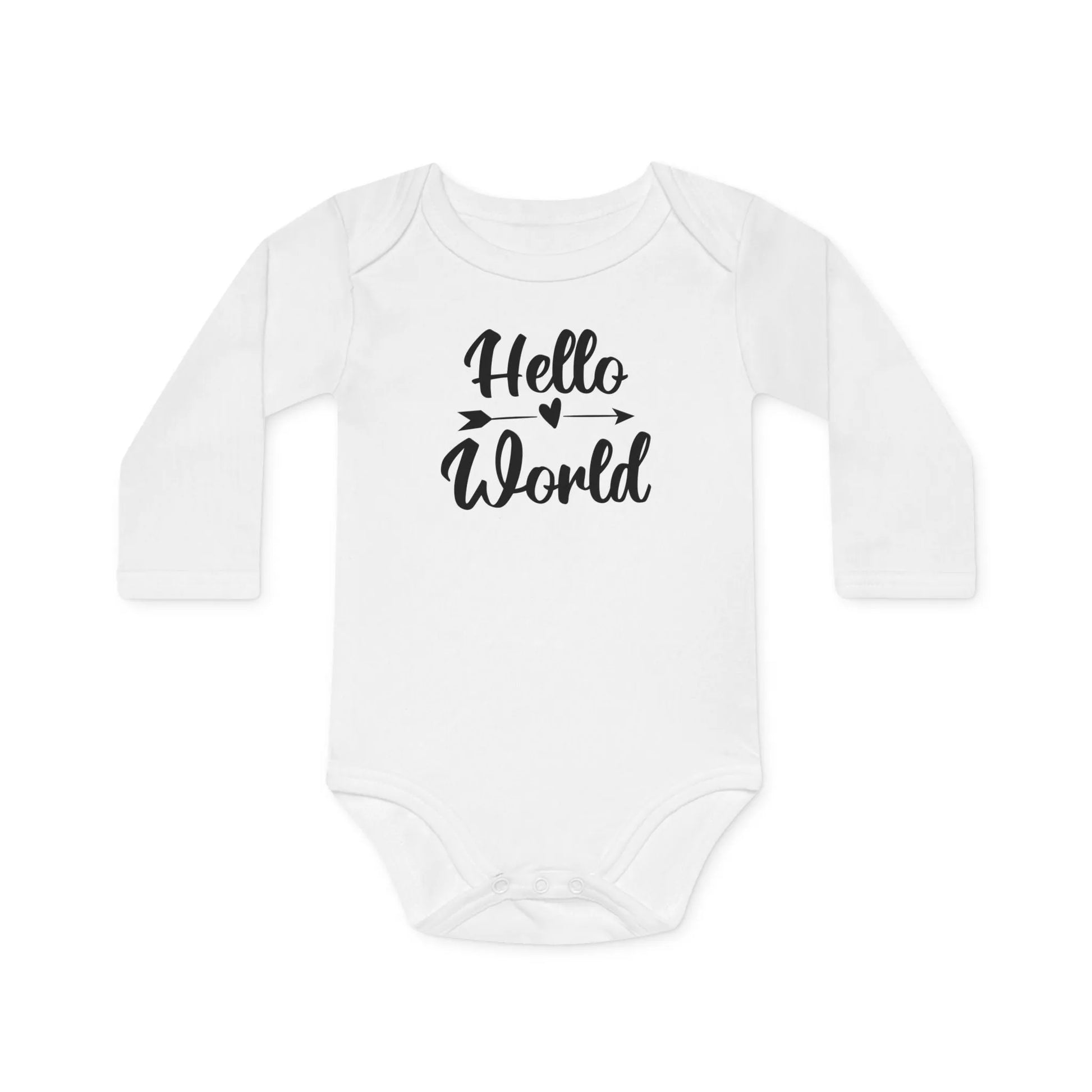 Langarm Baby und Kinder Bio Body mit Spruch Hello World - Unisex Bodysuit mit Aufdruck für Neugeborene und Kleinkinder - 100% Bio Baumwolle, 200 g/m², bis 18 Monate bzw. 86cm - White