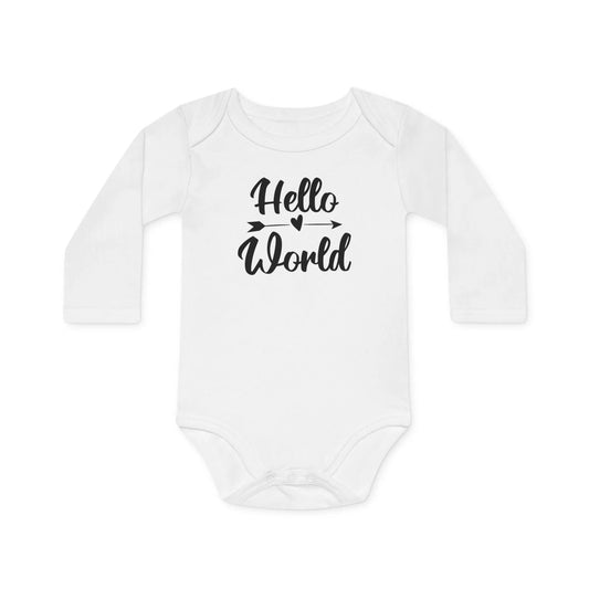 Langarm Baby und Kinder Bio Body mit Spruch Hello World - Unisex Bodysuit mit Aufdruck für Neugeborene und Kleinkinder - 100% Bio Baumwolle, 200 g/m², bis 18 Monate bzw. 86cm - White