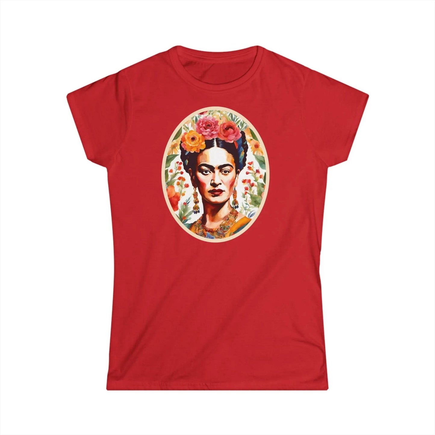 Tailliertes Damen Kurzarm T-Shirt mit Aufdruck – Frida Kahlo im Blumen Rahmen - 100% Baumwolle - 153 g/m² - auch in großen Größen - viele Farben - Red