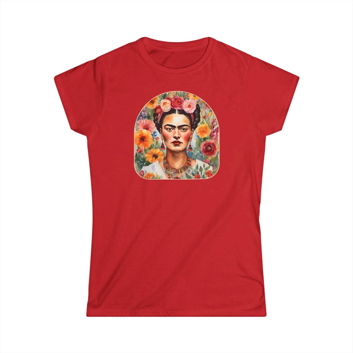 Tailliertes Damen Kurzarm T-Shirt mit Aufdruck – bunter Frida Kahlo Blumen Print - 100% Baumwolle - 153 g/m² - auch in großen Größen - viele Farben - Red