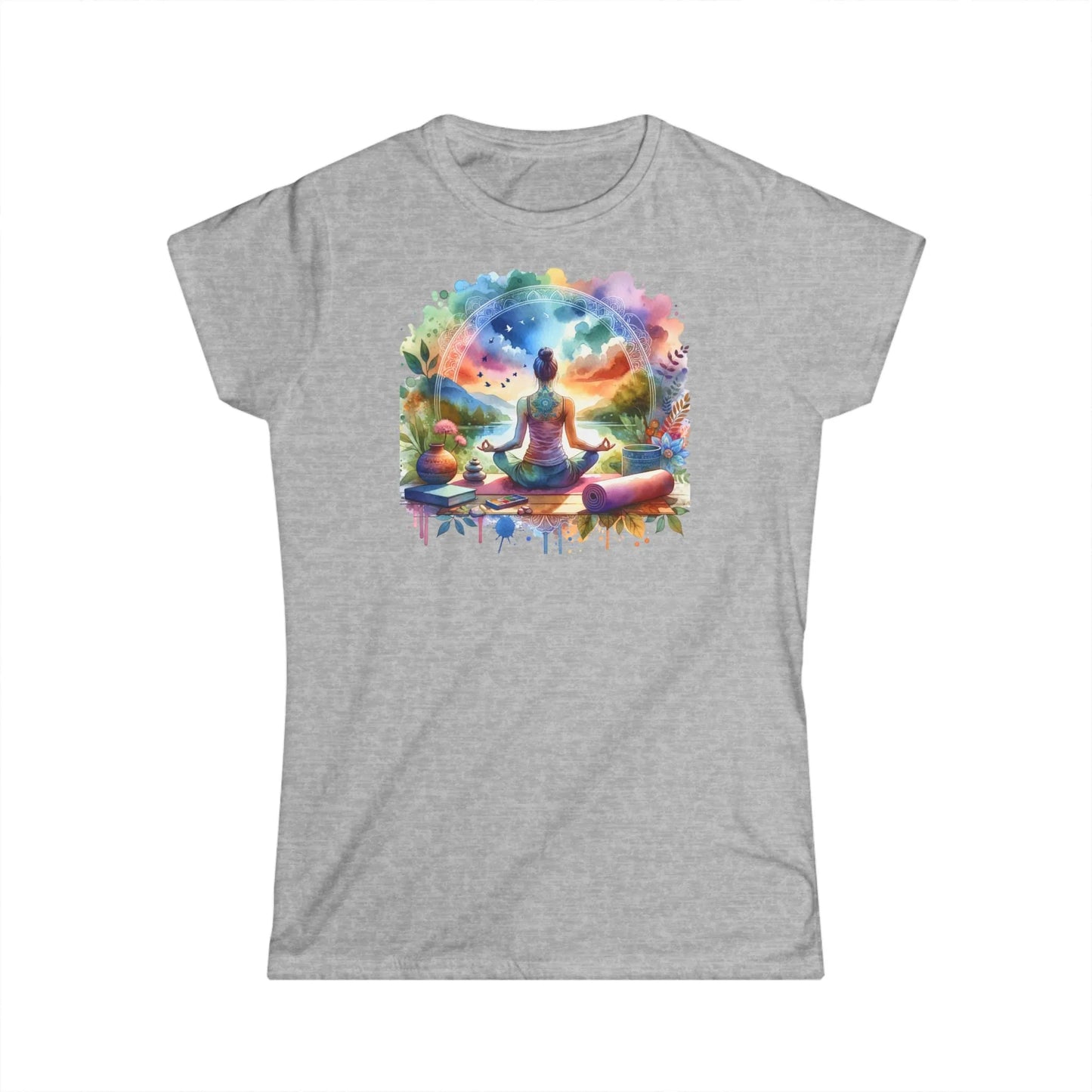 Tailliertes Damen Kurzarm T-Shirt mit Aufdruck – Frauen Shirt mit Yoga Mandala Motiv - 100% Baumwolle - 153 g/m² - auch in großen Größen – in vielen Farben - Sport Grey