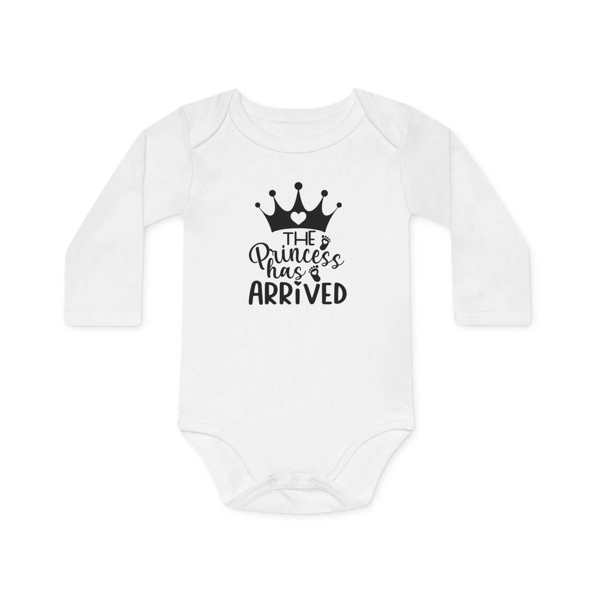 Langarm Baby und Kinder Bio Body mit Spruch "The Princess has arrived" - Unisex Bodysuit mit Aufdruck für Neugeborene und Kleinkinder - 100% Bio Baumwolle, 200 g/m², bis 18 Monate bzw. 86cm - mehrere Farben und Größen - White