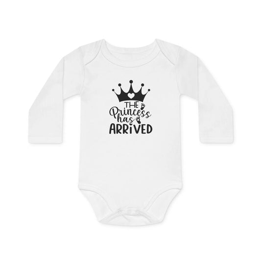 Langarm Baby und Kinder Bio Body mit Spruch "The Princess has arrived" - Unisex Bodysuit mit Aufdruck für Neugeborene und Kleinkinder - 100% Bio Baumwolle, 200 g/m², bis 18 Monate bzw. 86cm - mehrere Farben und Größen - White