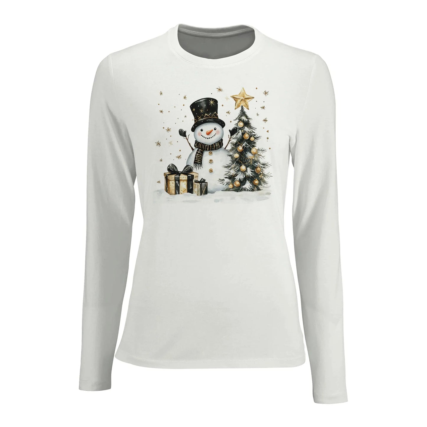Tailliertes Damen Langarm-T-Shirt mit Schneemann, Christbaum und Geschenke - Weiß