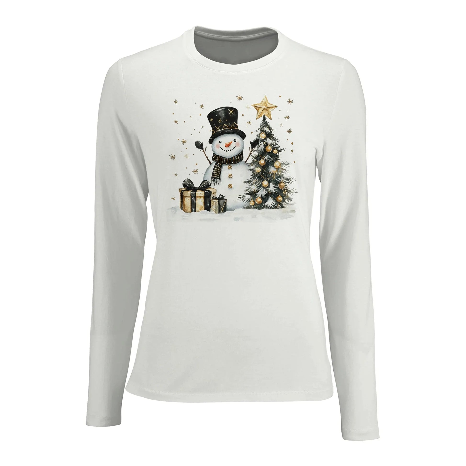 Tailliertes Damen Langarm-T-Shirt mit Schneemann, Christbaum und Geschenke - Weiß