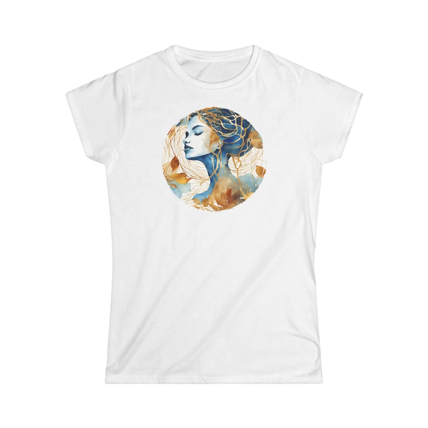 Tailliertes Damen Kurzarm T-Shirt mit Aufdruck – abstrakte Frau mit blau und gold - 100% Baumwolle - 153 g/m² - auch in großen Größen - White