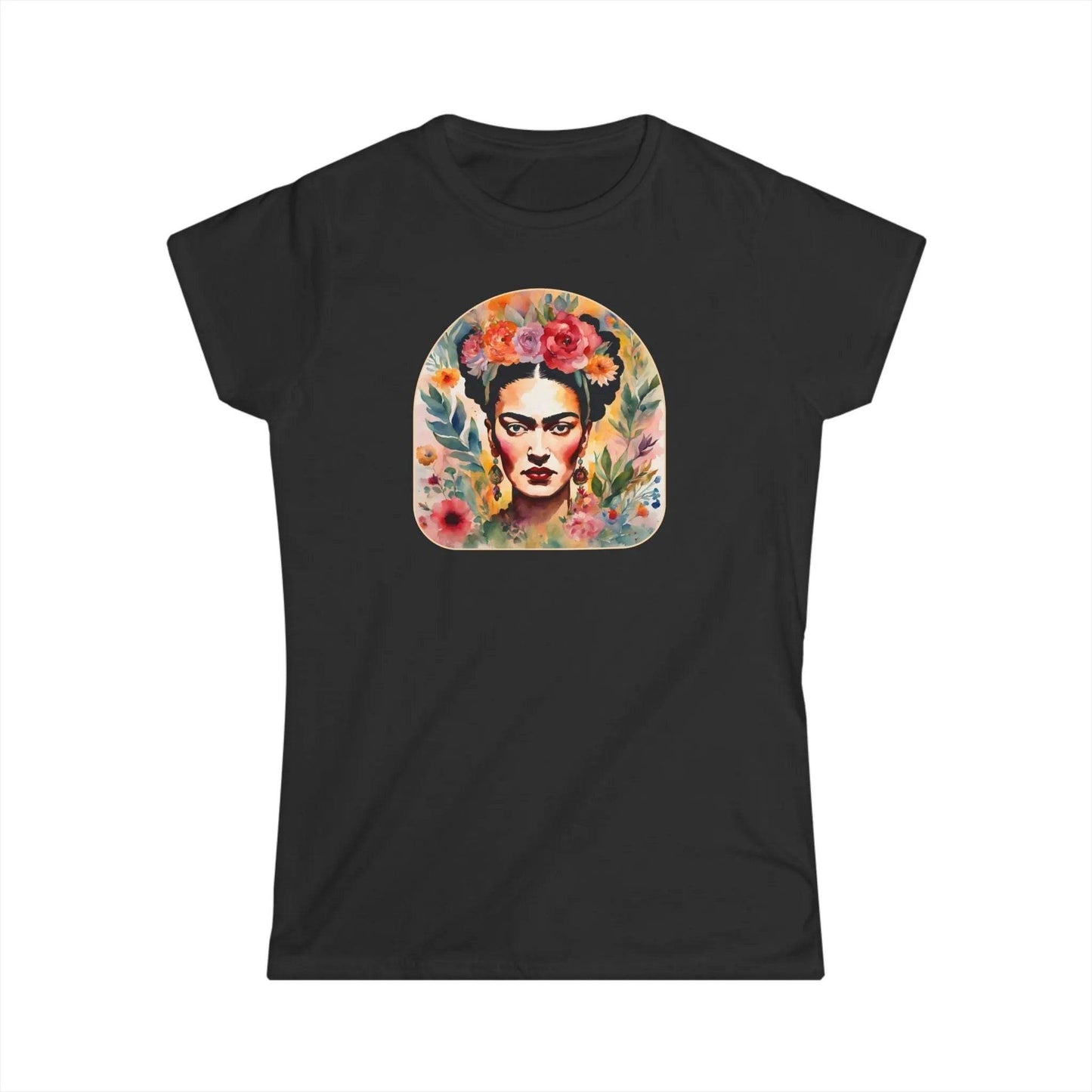 Tailliertes Damen Kurzarm T-Shirt mit Aufdruck – Frida Kahlo Print - 100% Baumwolle - 153 g/m² - auch in großen Größen - viele Farben - Black