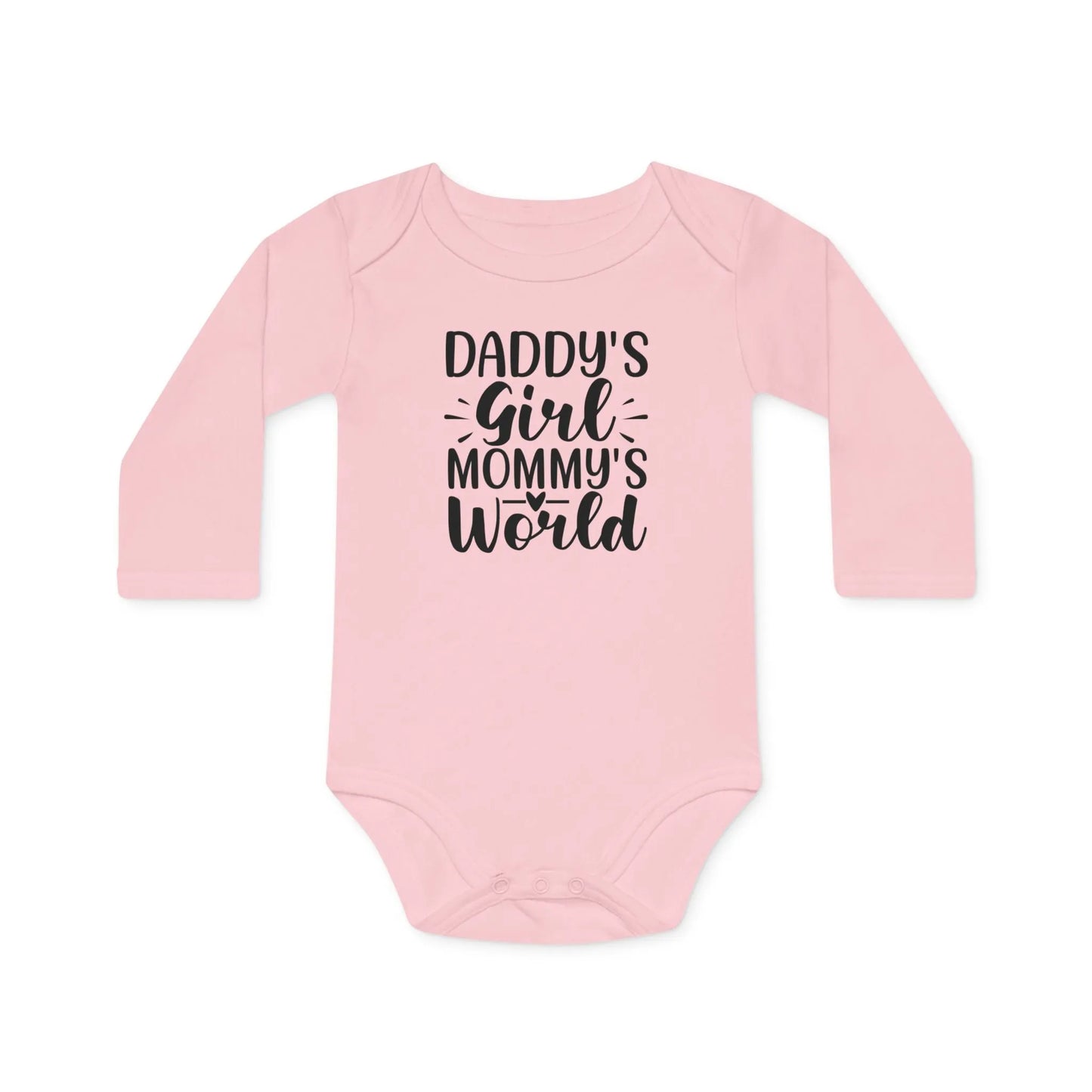 Langarm Baby und Kinder Bio Body mit Spruch "Daddys Girl - Mummys World" - Unisex Bodysuit mit Aufdruck für Neugeborene und Kleinkinder - 100% Bio Baumwolle, 200 g/m², bis 18 Monate bzw. 86cm - Powder Pink