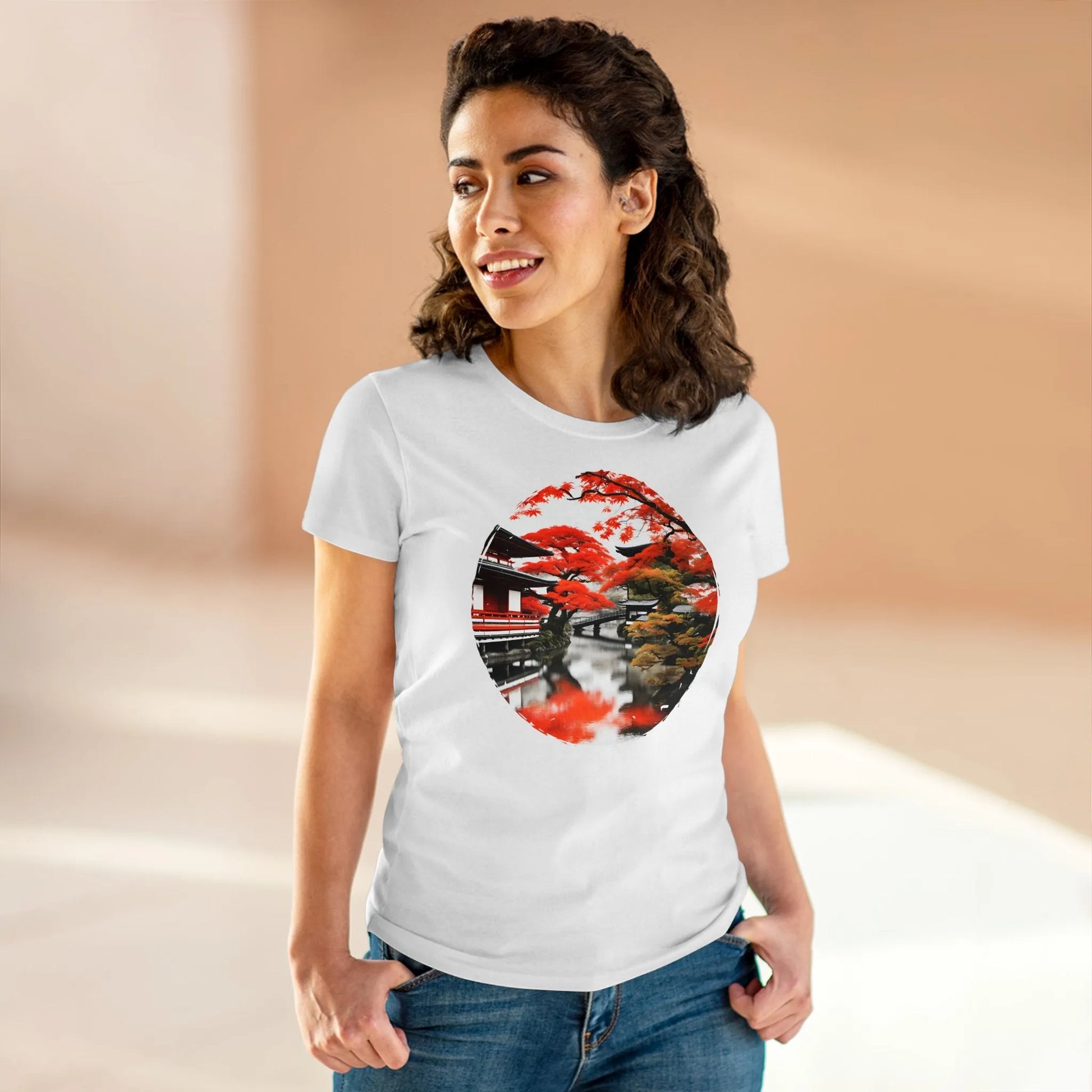 Damen Rundhals Shirt mit modernem Print - Abstrakte Landschaft in Japan - tailliertes Kurzarm T-Shirt für Frauen - auch in großen Größen - 100% Baumwolle - 180 g/m² -