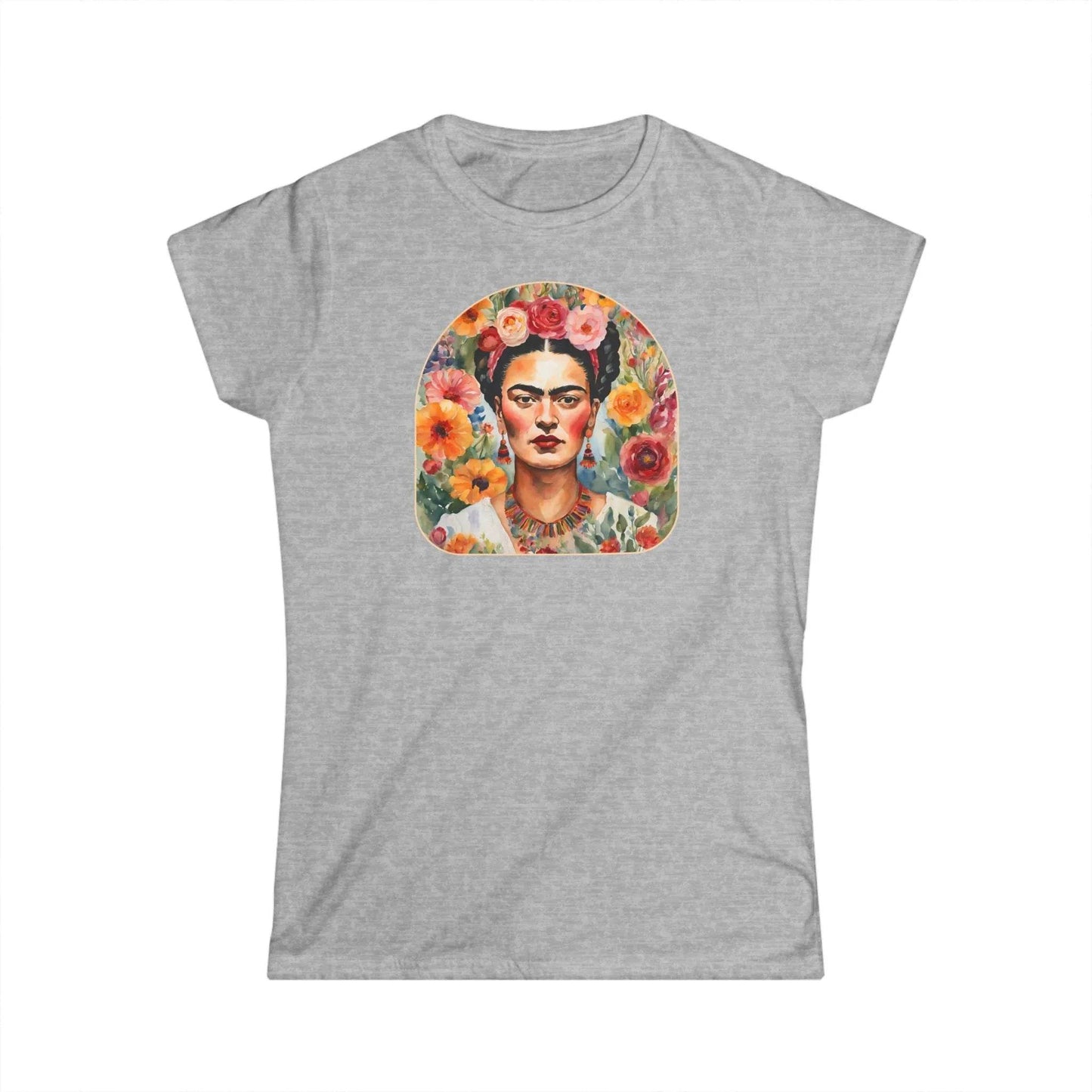 Tailliertes Damen Kurzarm T-Shirt mit Aufdruck – bunter Frida Kahlo Blumen Print - 100% Baumwolle - 153 g/m² - auch in großen Größen - viele Farben - Sport Grey