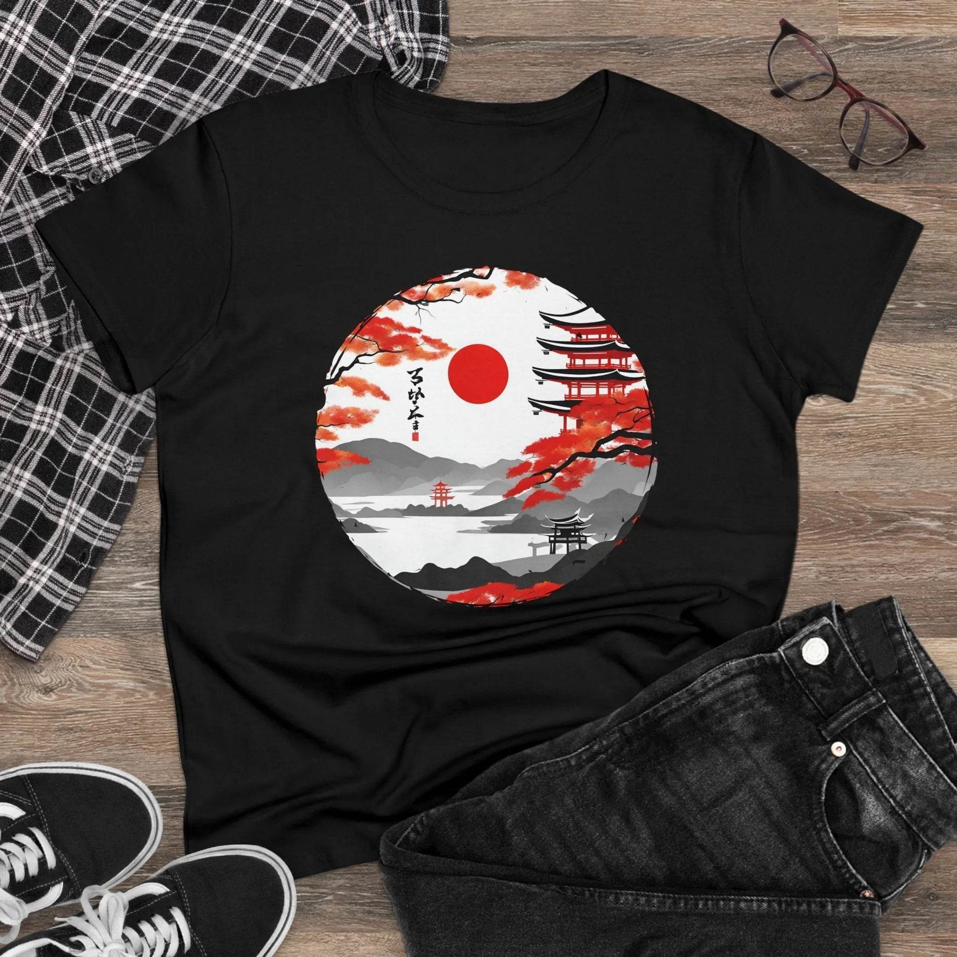 happy-prints.eu - Damen Rundhals Shirt mit modernem Print - Abstrakte Landschaft in Japan - tailliertes Kurzarm T-Shirt für Frauen - auch in großen Größen - 100% Baumwolle - 180 g/m²