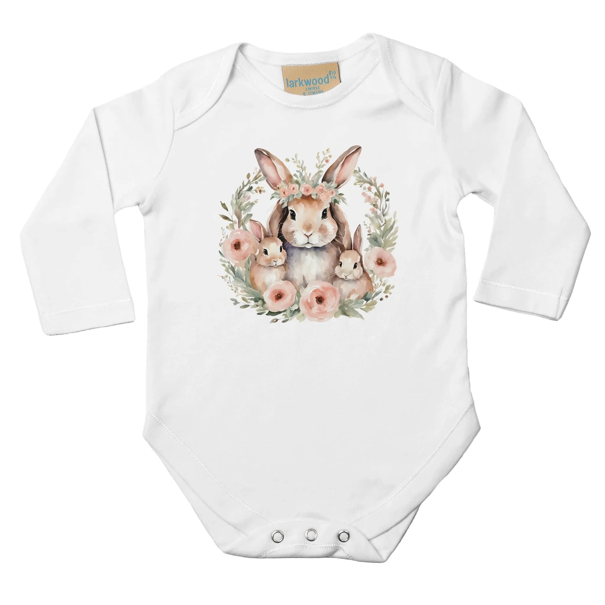 Unisex Baby Langarm Body mit Aufdruck - Hasen Mama und Babys mit Blumen - 100% Baumwolle - Größe bis 18 Monate bzw. 86 - Strampler Body mit Aufdruck -