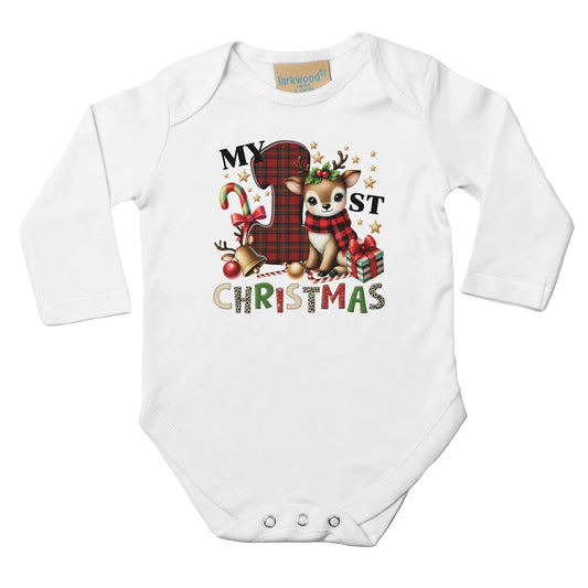 Unisex Baby Langarm Body für Weihnachten mit Aufdruck - My First Christmas mit Elch - 100% Baumwolle - Größe bis 18 Monate bzw. 86 - Strampler Body mit Muster -