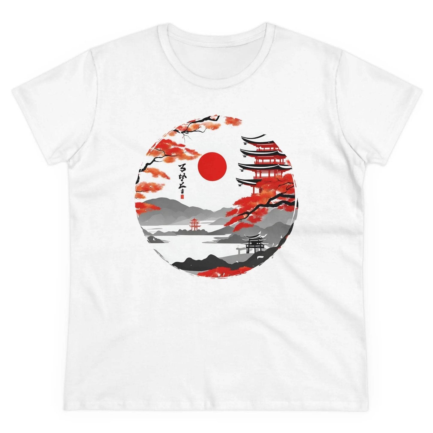 happy-prints.eu - Damen Rundhals Shirt mit modernem Print - Abstrakte Landschaft in Japan - tailliertes Kurzarm T-Shirt für Frauen - auch in großen Größen - 100% Baumwolle - 180 g/m²