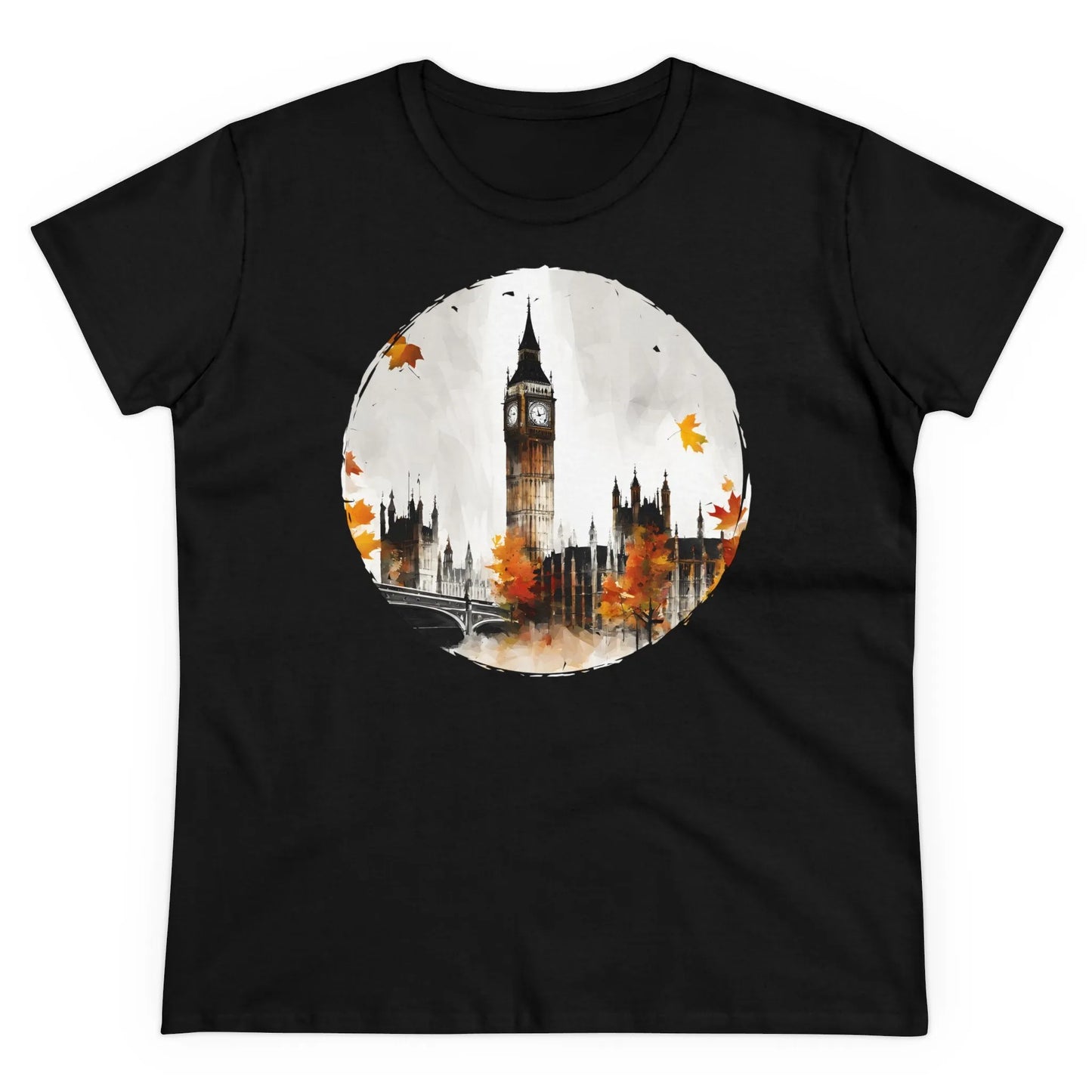 Damen Rundhals Shirt mit modernem Print - abstrakter Big Ben in London - tailliertes Kurzarm T-Shirt für Frauen - auch in großen Größen - 100% Baumwolle - 180 g/m² - Black