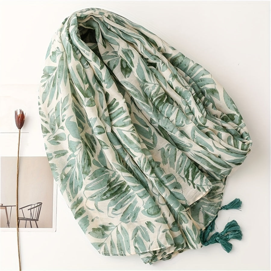 Großer Damen Schal mit bezauberndem Blättermotiv in hübschen Grün-Töne - 85 × 185 cm - mit Bananenblatt-Print in Mint/Petrol sowie pfiffige Fransen - 100 % Polyester