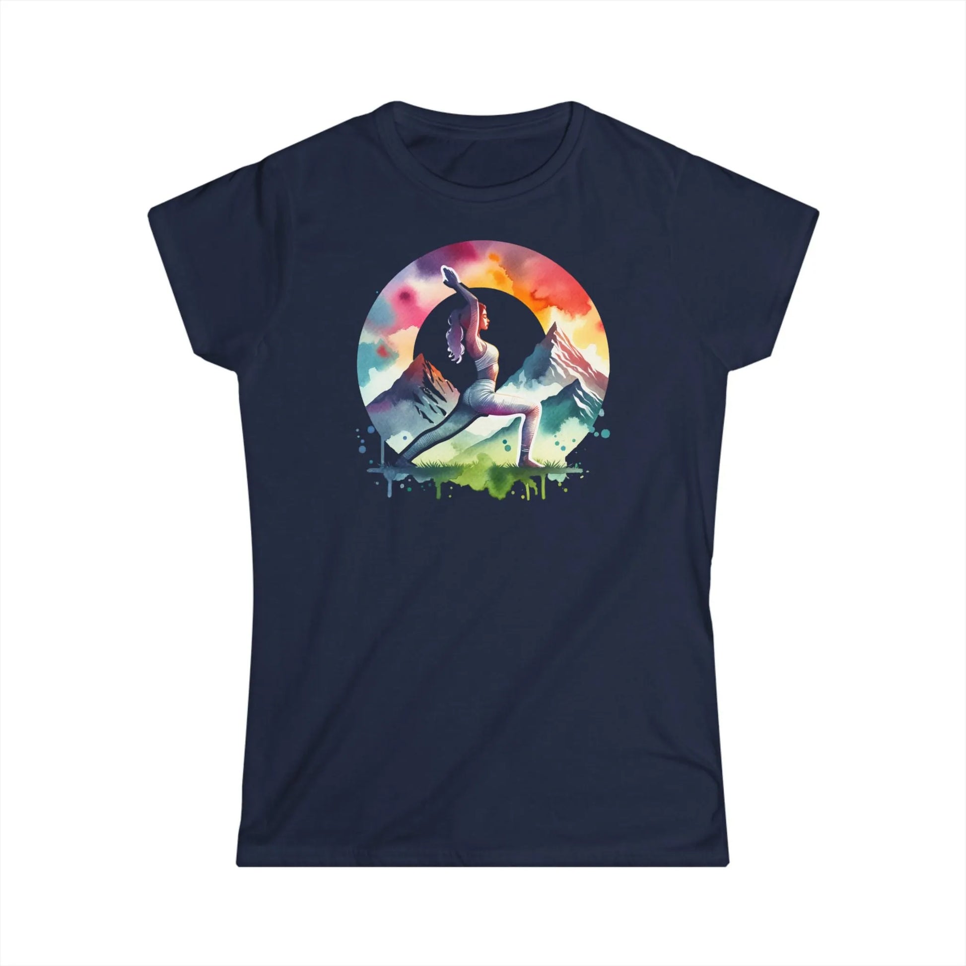 Tailliertes Damen Kurzarm T-Shirt mit Aufdruck – Frauen Shirt mit buntem Yoga Motiv - 100% Baumwolle - 153 g/m² - auch in großen Größen – in vielen Farben - Navy