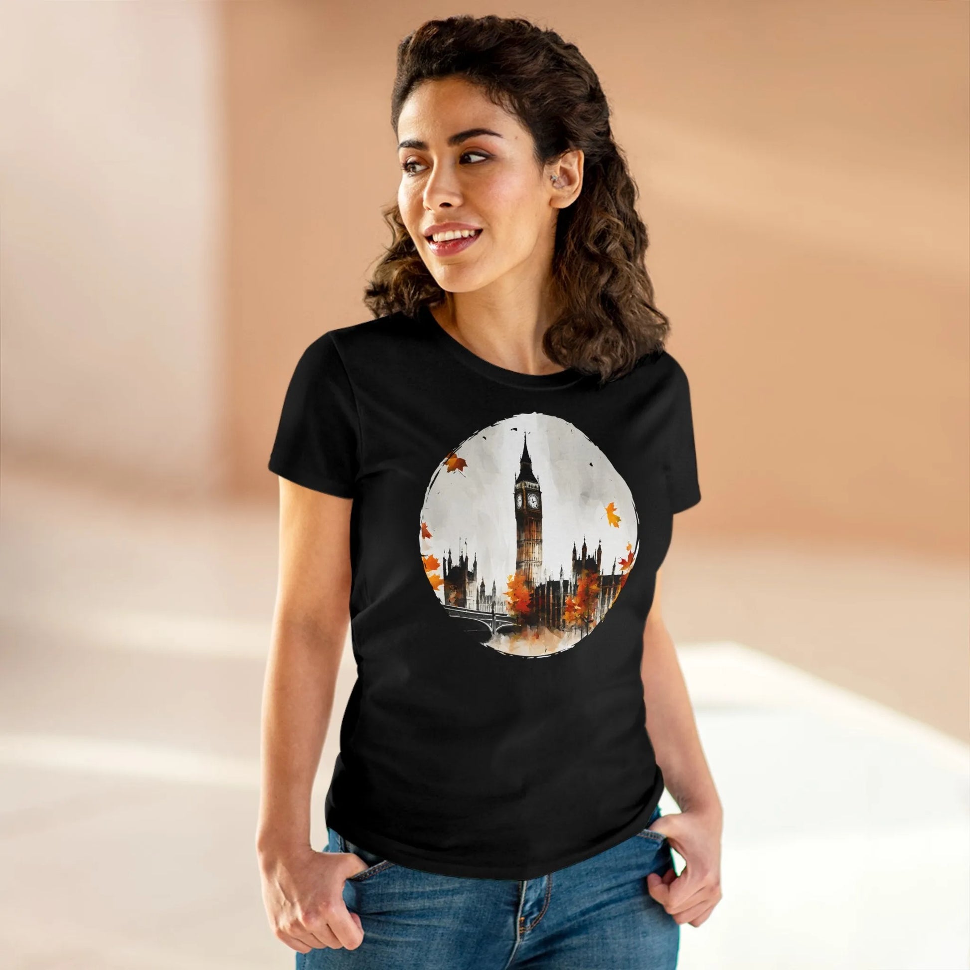 Damen Rundhals Shirt mit modernem Print - abstrakter Big Ben in London - tailliertes Kurzarm T-Shirt für Frauen - auch in großen Größen - 100% Baumwolle - 180 g/m² -