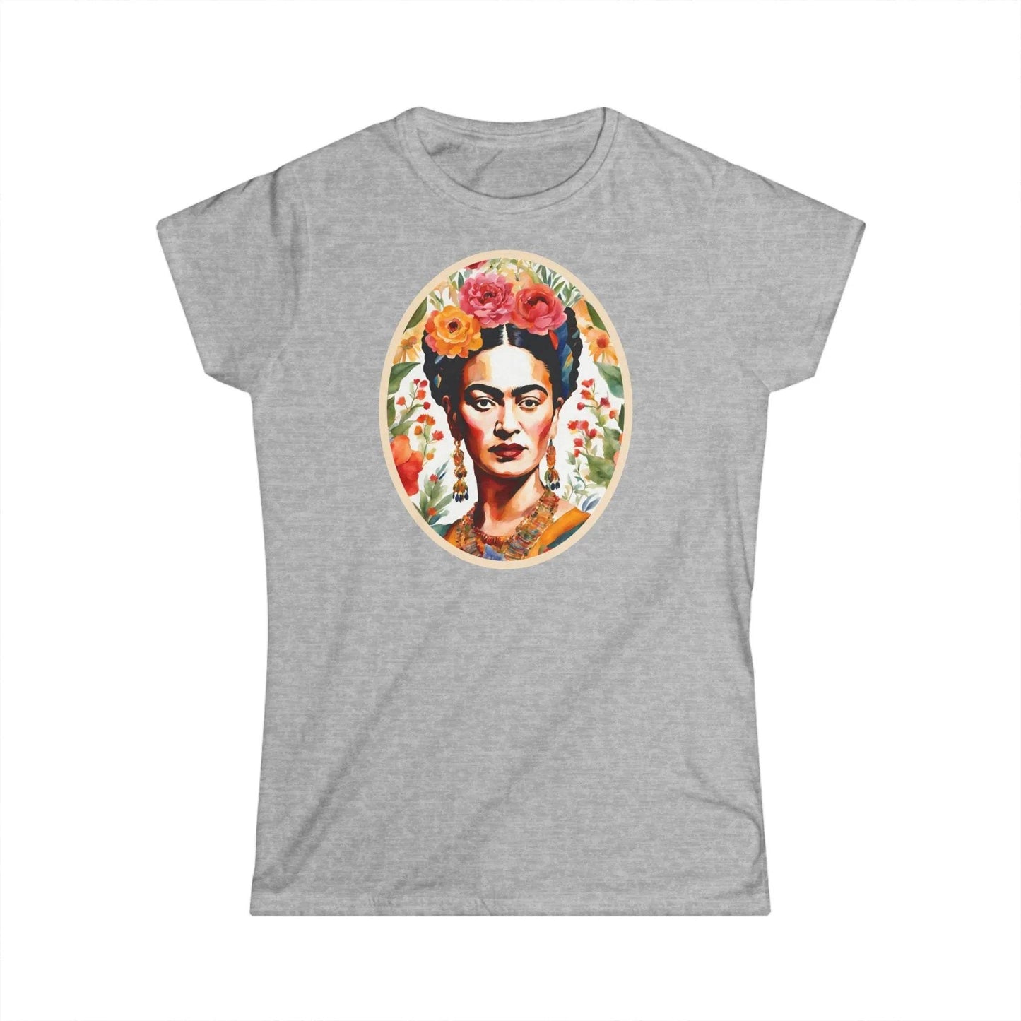 Tailliertes Damen Kurzarm T-Shirt mit Aufdruck – Frida Kahlo im Blumen Rahmen - 100% Baumwolle - 153 g/m² - auch in großen Größen - viele Farben - Sport Grey