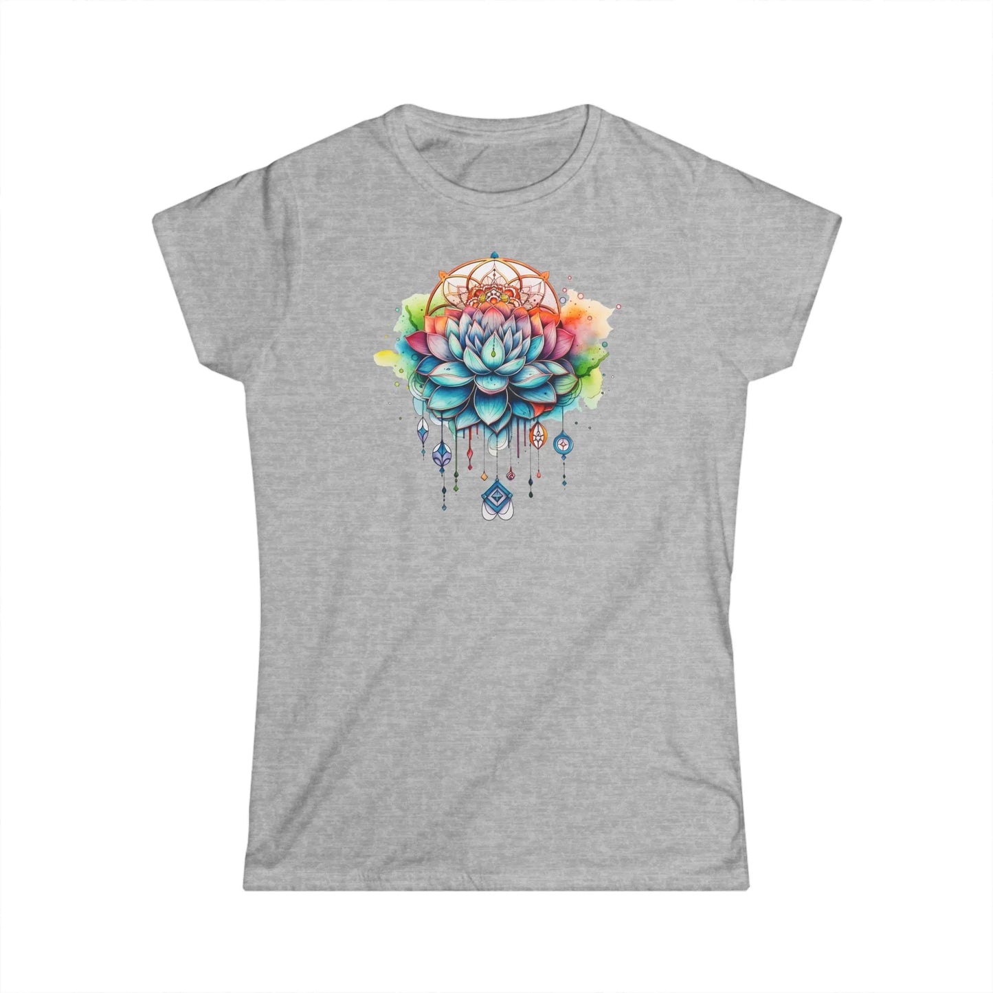 Tailliertes Damen Kurzarm T-Shirt mit Aufdruck – Frauen Shirt mit Yoga Blumen Motiv - 100% Baumwolle - 153 g/m² - auch in großen Größen – in vielen Farben - Sport Grey