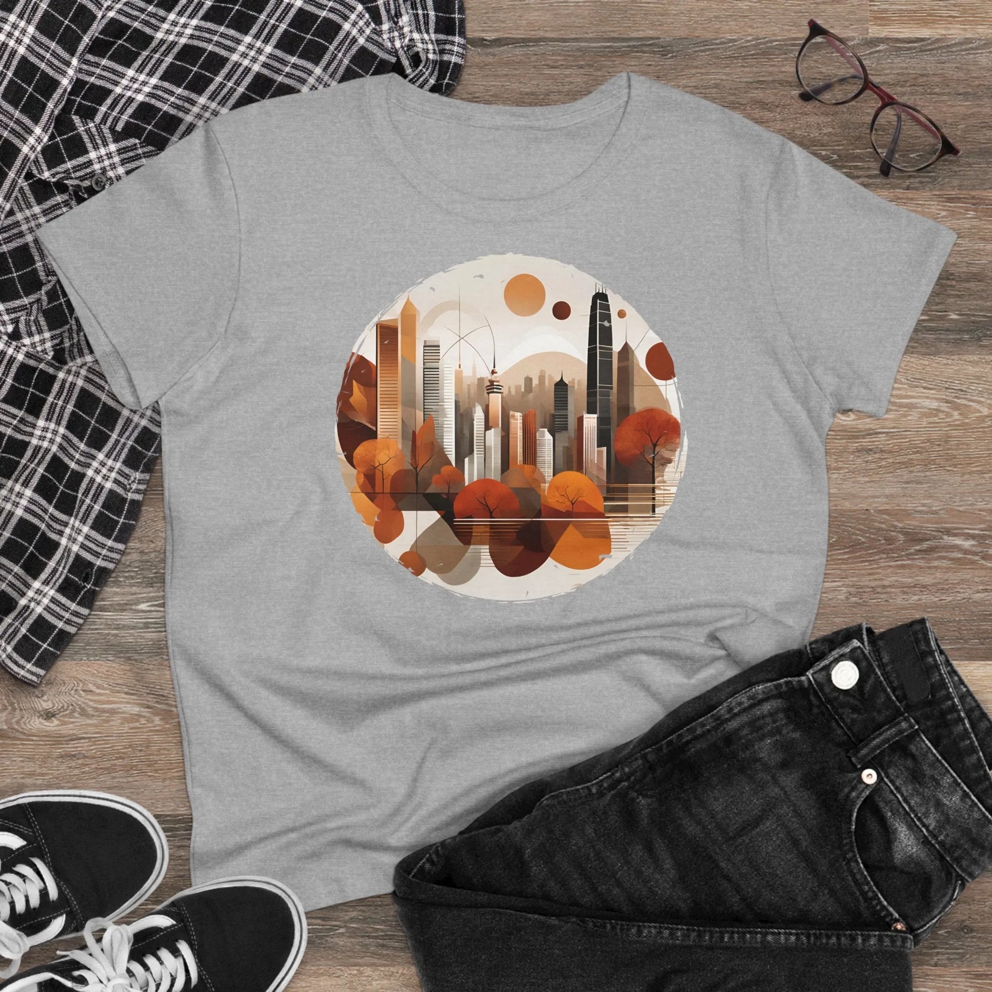 Damen Rundhals Shirt mit modernem Print - modernes Stadtleben im Herbst - tailliertes Kurzarm T-Shirt für Frauen - auch in großen Größen - 100% Baumwolle - 180 g/m² -