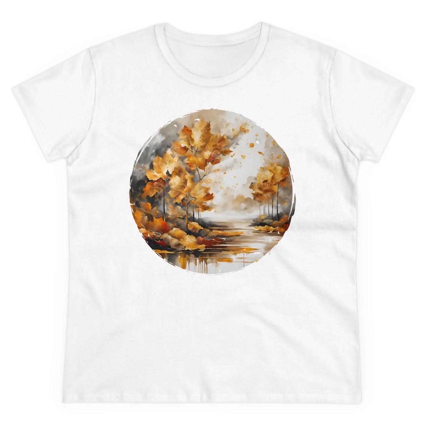 Damen Rundhals Shirt mit modernem Print - Abstrakte Landschaft im Herbst/Winter - tailliertes Kurzarm T-Shirt für Frauen - auch in großen Größen - 100% Baumwolle - 180 g/m² - White