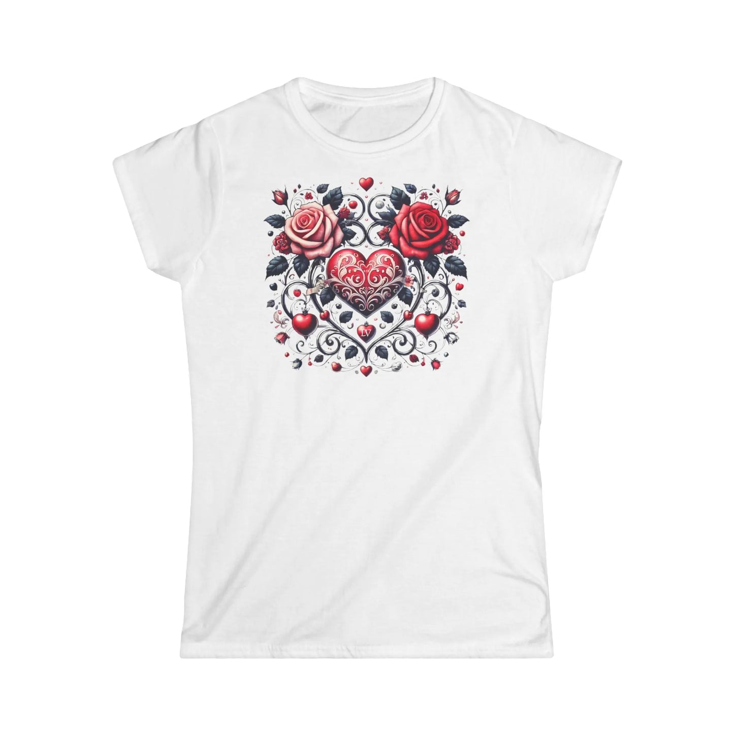 Tailliertes Damen Kurzarm T-Shirt mit Aufdruck - Herzen und Blumen zum Valentinstag - 100% Baumwolle - 153 g/m² - auch in großen Größen - in vielen Farben - White