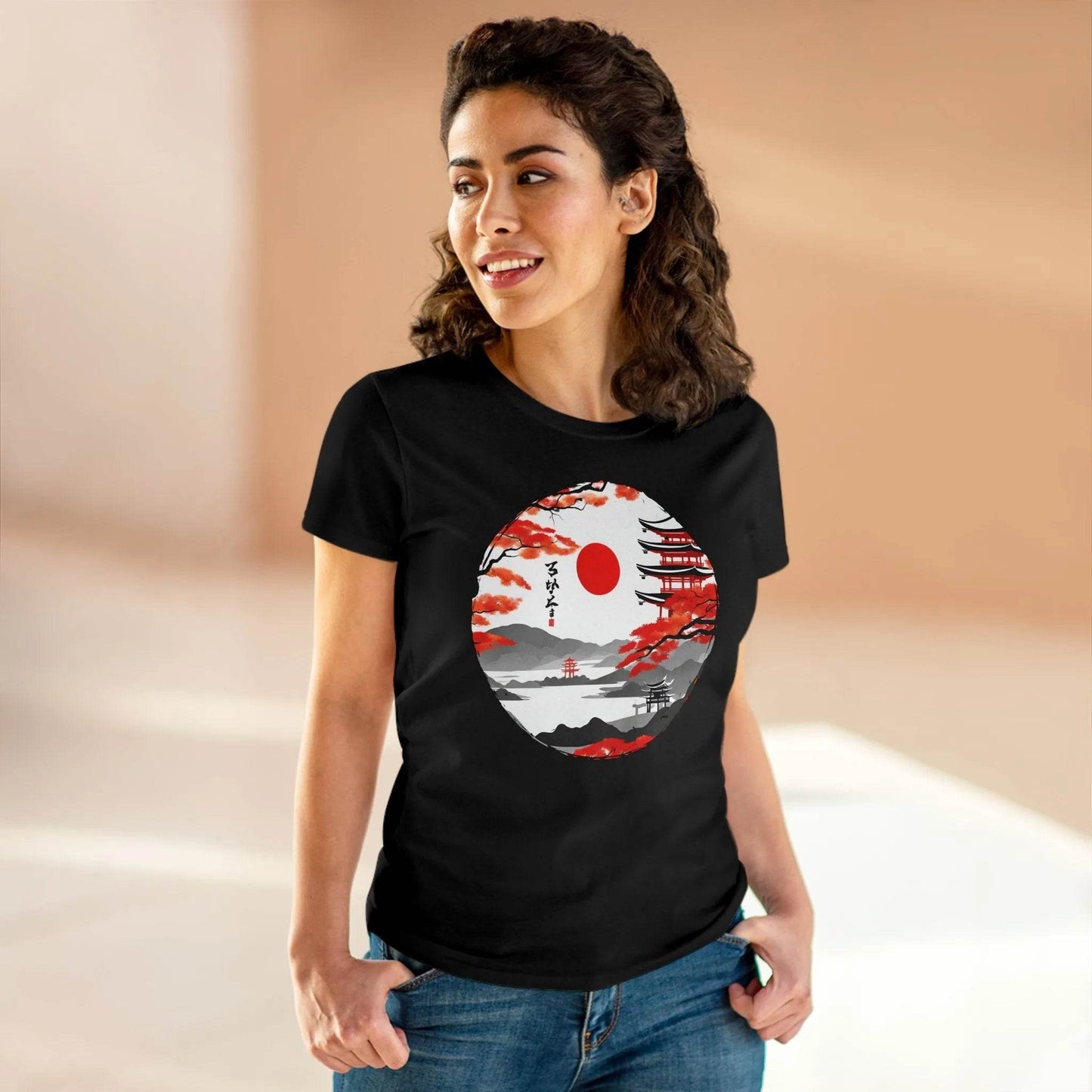 happy-prints.eu - Damen Rundhals Shirt mit modernem Print - Abstrakte Landschaft in Japan - tailliertes Kurzarm T-Shirt für Frauen - auch in großen Größen - 100% Baumwolle - 180 g/m²