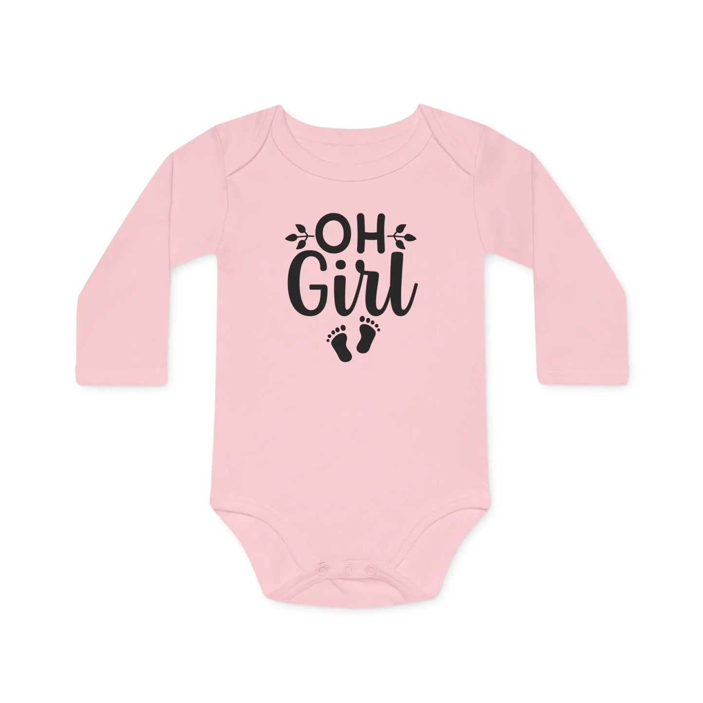 Langarm Baby und Kinder Bio Body mit Spruch "Oh Girl" mit Babyfüßchen - Unisex Bodysuit mit Aufdruck für Neugeborene und Kleinkinder - 100% Bio Baumwolle, 200 g/m², bis 18 Monate bzw. 86cm - mehrere Farben und Größen - Powder Pink