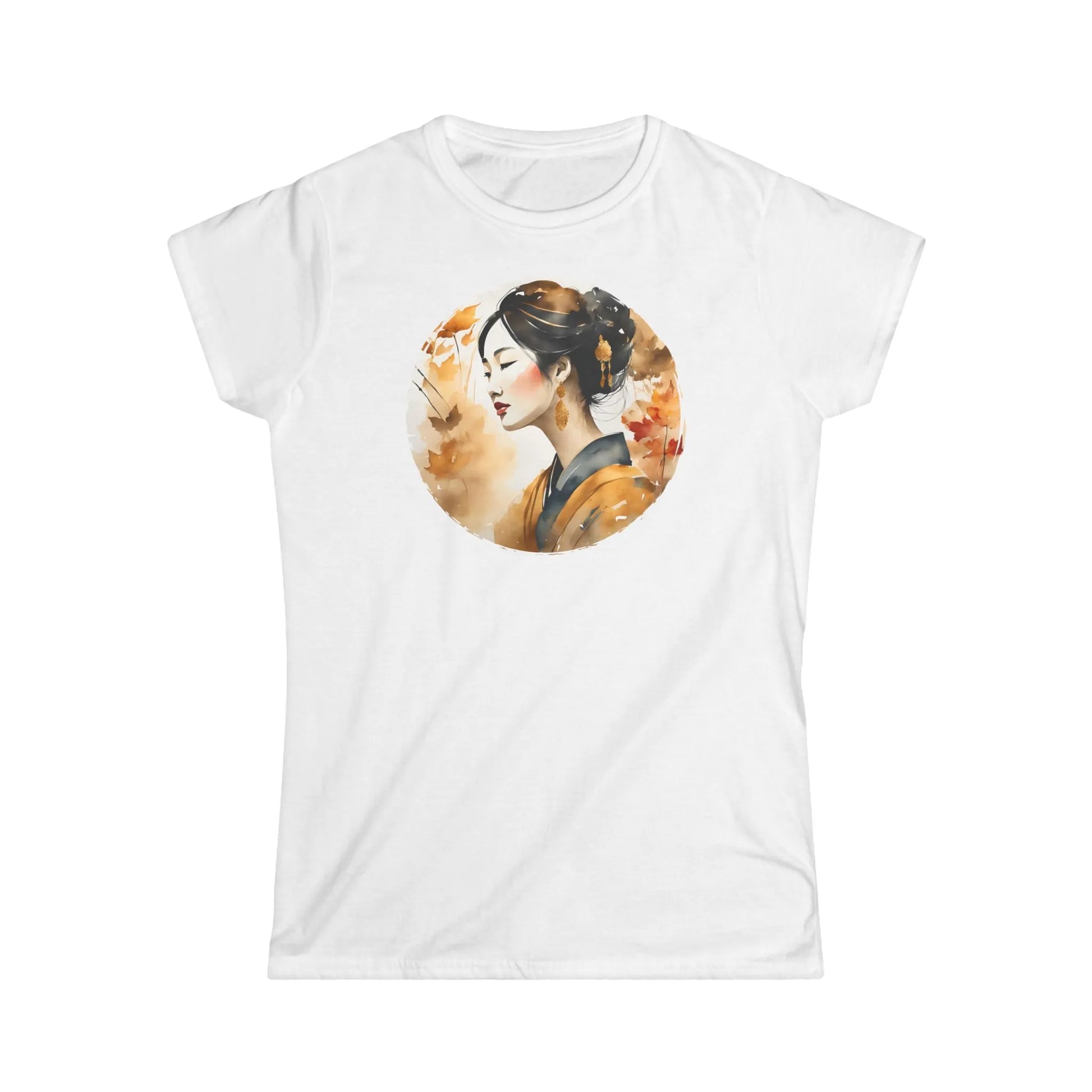 Tailliertes Damen Kurzarm T-Shirt mit Aufdruck – Frau in Japan im Herbst - 100% Baumwolle - 153 g/m² - auch in großen Größen - White