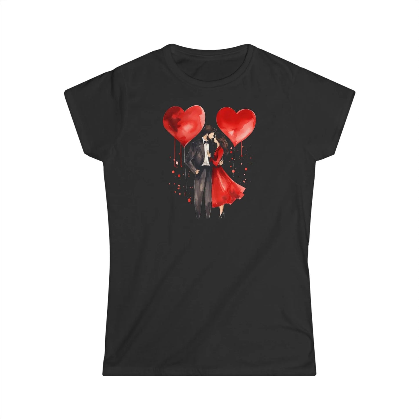 Tailliertes Damen Kurzarm T-Shirt mit Aufdruck - Paar mit großem Herz am Valentinstag - 100% Baumwolle - 153 g/m² - auch in großen Größen - in vielen Farben - Black