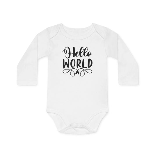 Langarm Baby und Kinder Bio Body mit Spruch "Hello World" - Unisex Bodysuit mit Aufdruck für Neugeborene und Kleinkinder - 100% Bio Baumwolle, 200 g/m², bis 18 Monate bzw. 86cm - White